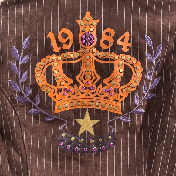 Wilsons Leather Brown 1984 Crown Embellished Pinstripe Blazer Jacket Studded Y2k - Picture 4 of 8